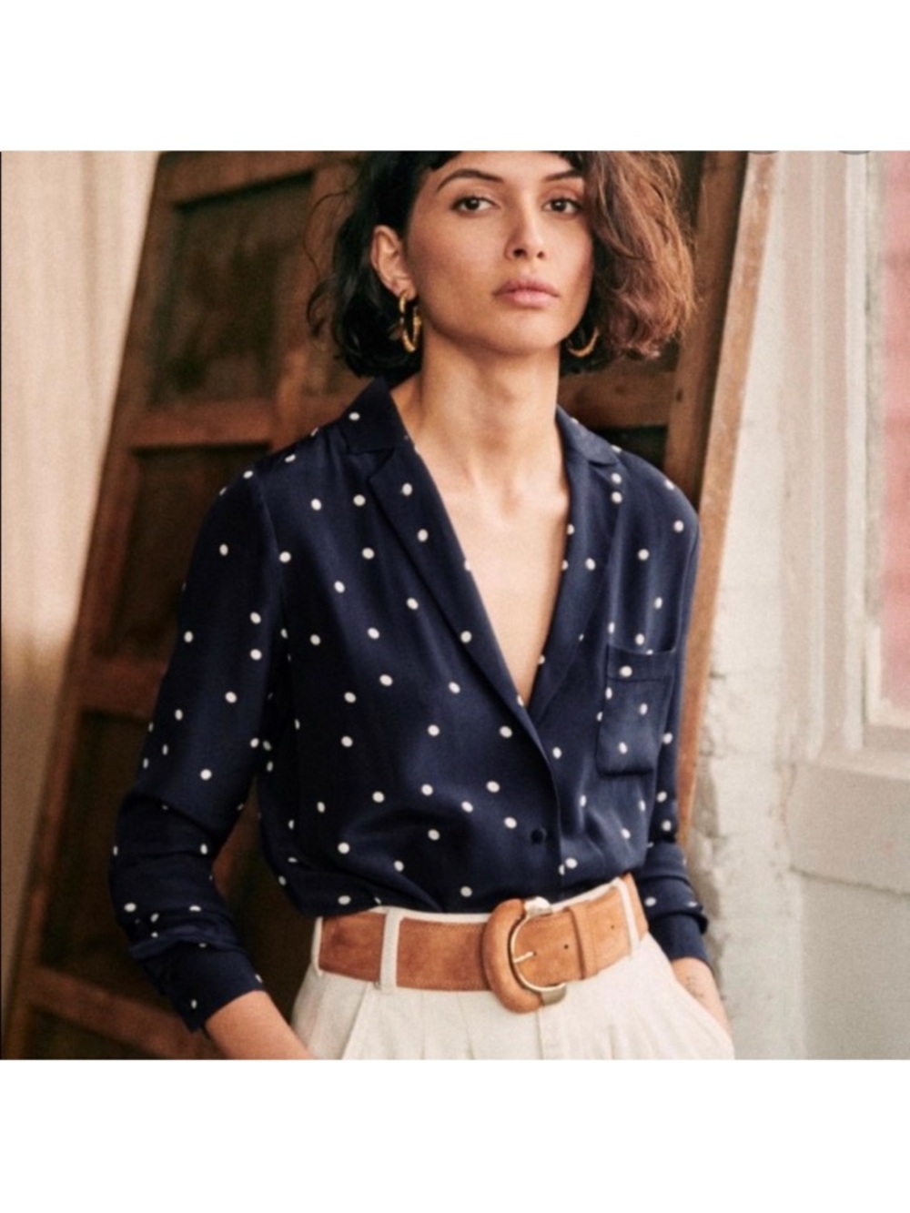 Sezane Florence polka dot button down silk blouse